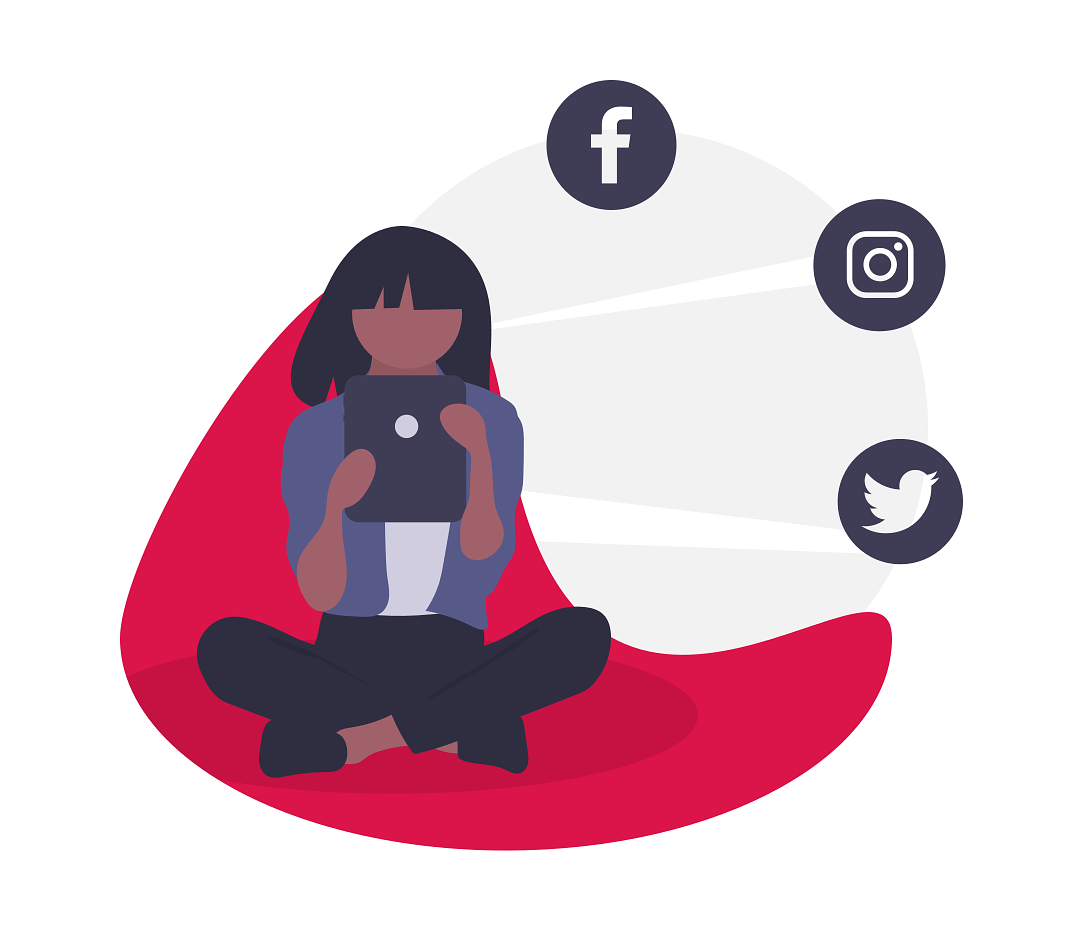 drawing of a woman looking at a generic tablet, surrounded by social icons